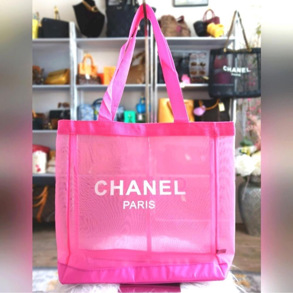 CHANEL PINK MESH BEAUTY TOTE BAG BEACH PURSE MAKEUP TRAVEL SHOULDER CC LOGO